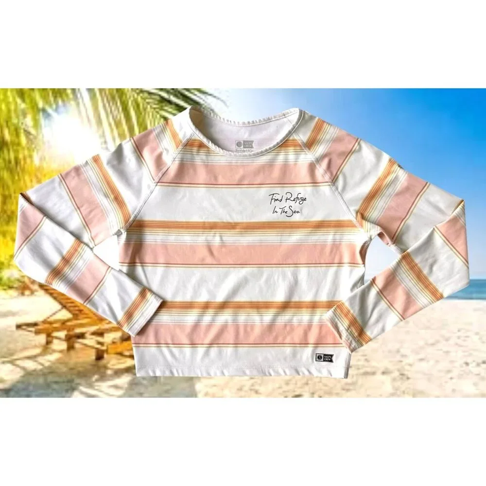 Salty Crew Long Sleeve Top Girls Large Striped Cream Refuge To Sea Beach READ